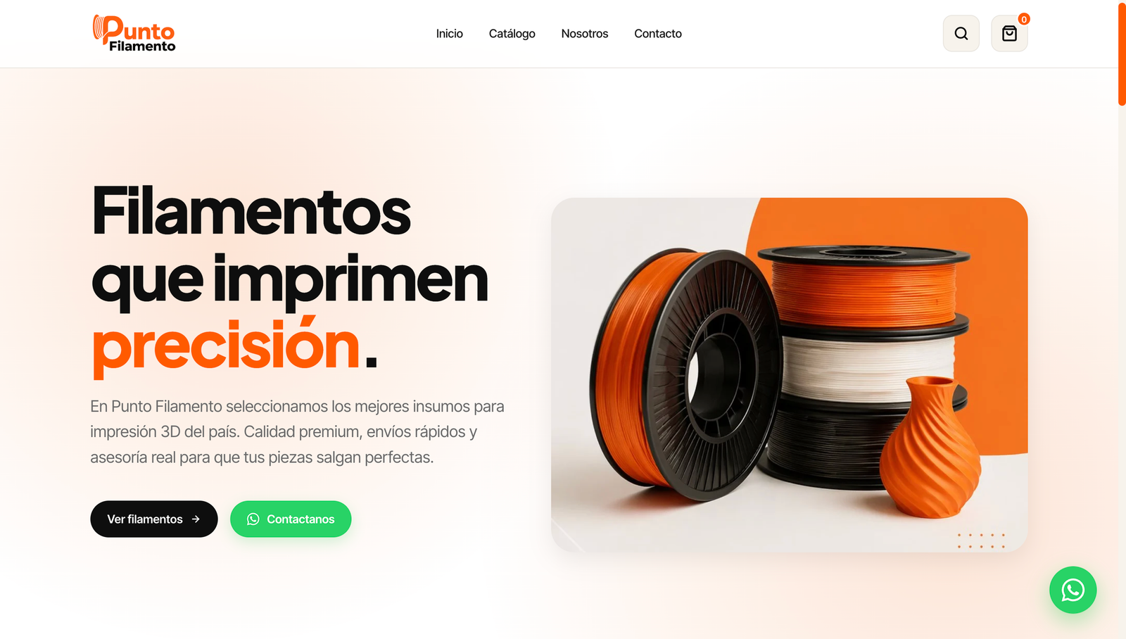 Página de Punto Filamento con catálogo de filamentos para impresión 3D